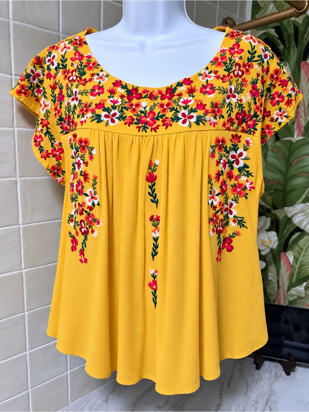 Savanna Jane Flutter Sleeve Embroidered Top in Lemon/Marigold - 1X